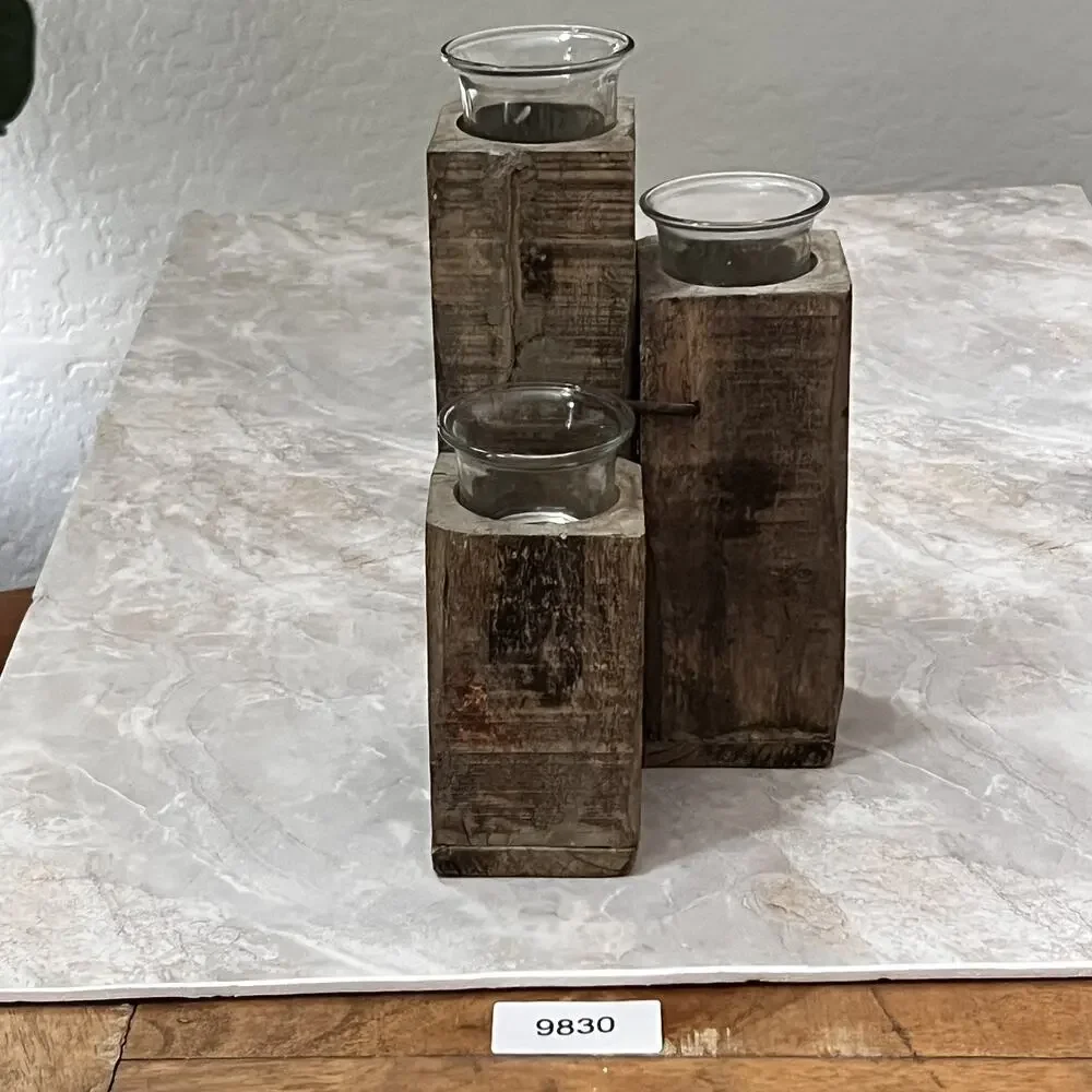 Rustic Square Wood Glass Tealight Holder 10.5